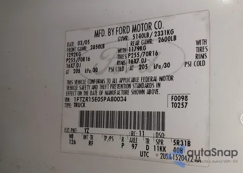 2005 Ford Ranger Edge/Xl/Xlt из США, поврежденный, VIN 1FTZR15E05PA80034